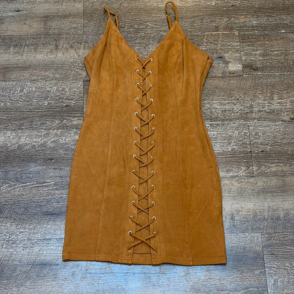 Forever 21 Womens Medium Faux Suede Lace Up Front Mini Dress Camel Tan Bodycon